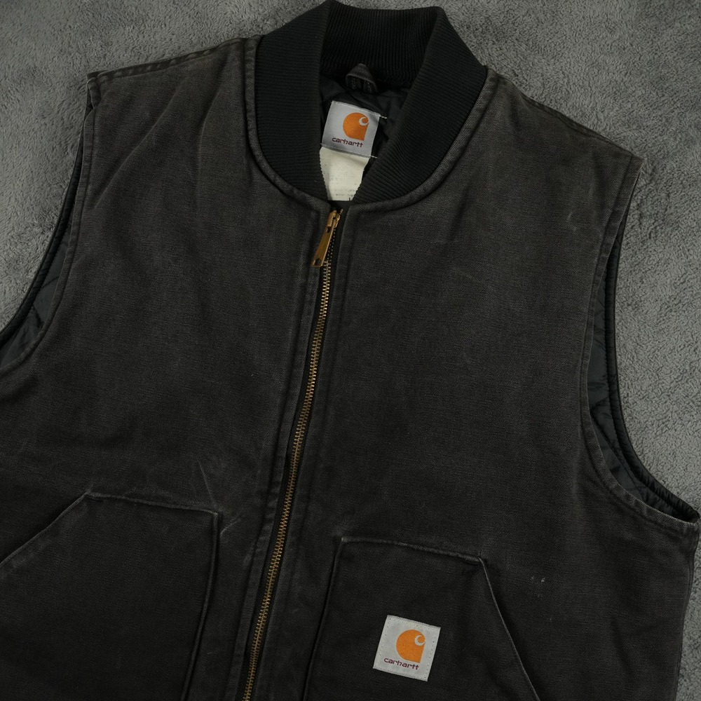 VTG Carhartt V01 Duck Vest Men XL Black Quilt Lined Full Zip Canvas USA Workwear